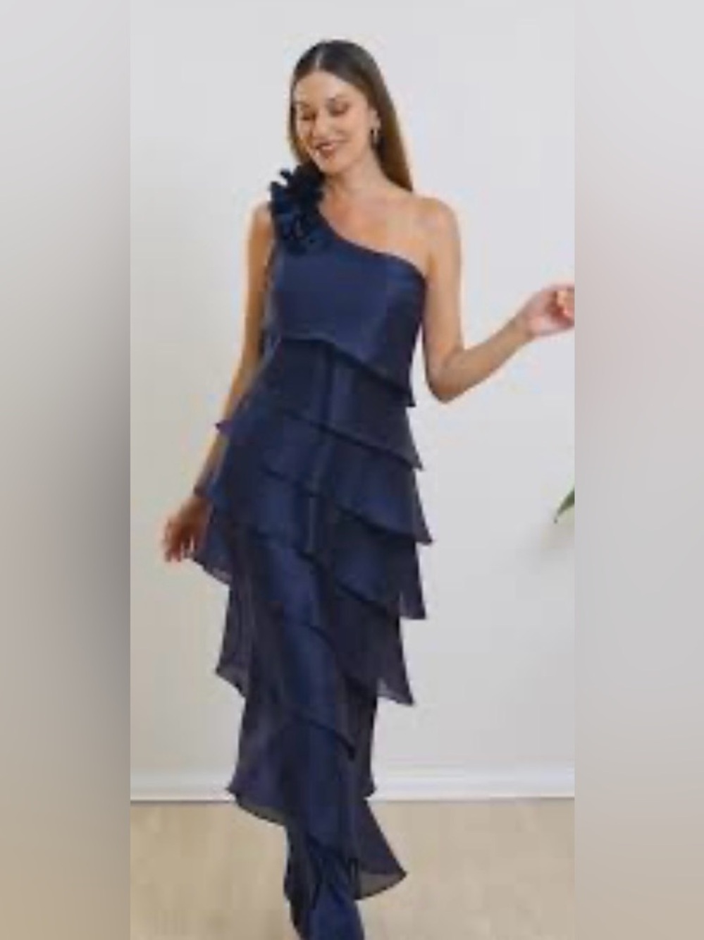 Xscape One-Shoulder Navy Layered Ruffle Evening Gown